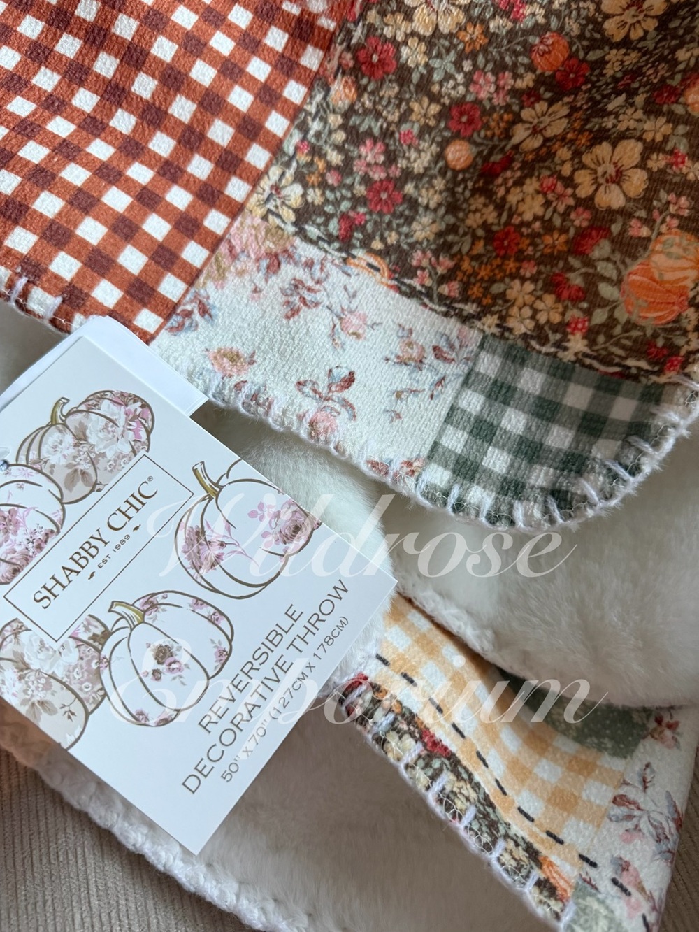 Shabby Chic farmhouse Harvest Pumpkin patchwork fall Chenille Faux Fur throw NWT - Picture 2 of 9